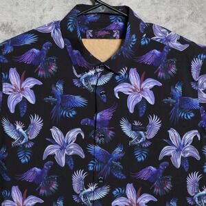 Retro Rifle Shirt Mens Medium Black Purple Cockatoo Floral Short Sleeve Casual